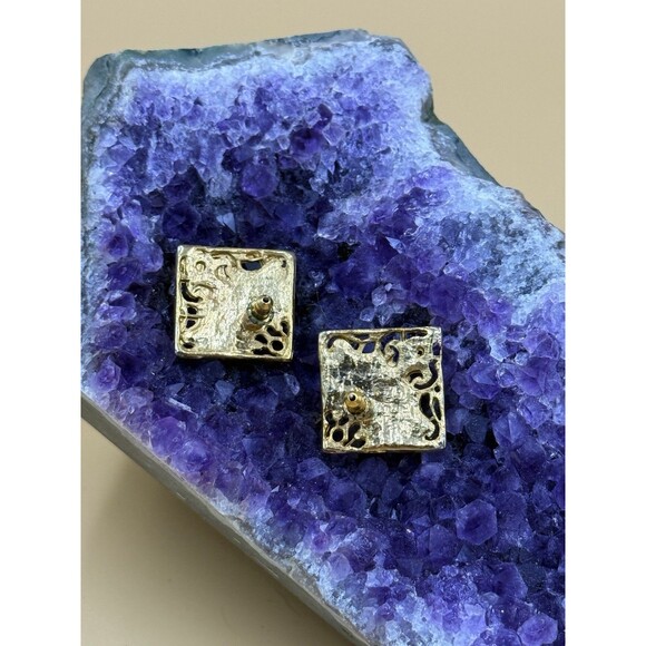 Baroque Revival Gold Stud Earrings - Faux Cloisonné Swirl Enamel - Vtg 80s - Picture 5 of 6